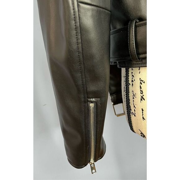 Zara US Medium Black Faux Leather Motorcycle Moto Jacket Pockets - Picture 8 of 13